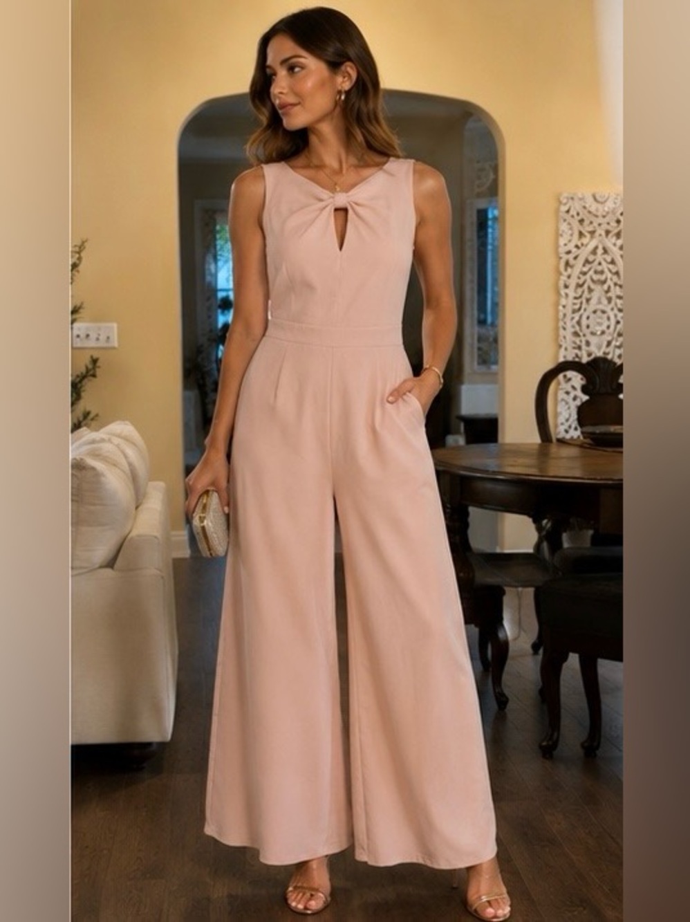Main Strip Blush Pink Sleeveless Wide-Leg Jumpsuit with Twist Keyhole